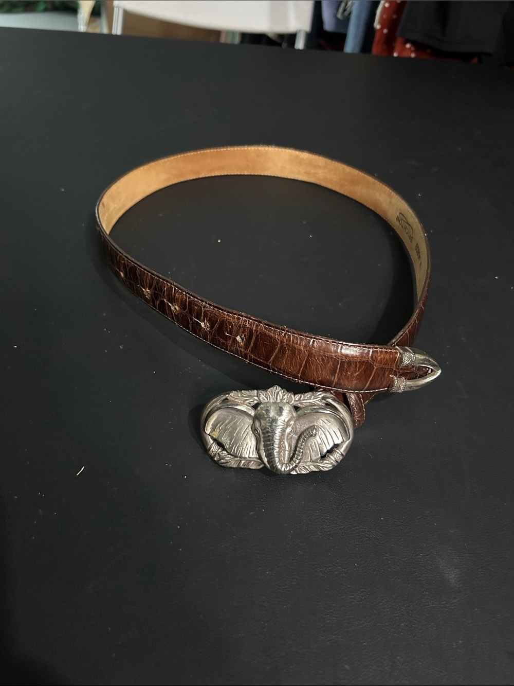 VTG Brighton Brown Leather Belt with Silver Elephant Buckle size medium